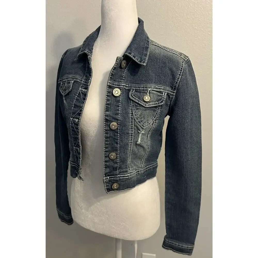 Y2K Cropped Jean Jacket Women's S Western Rhinestone Bling Sexy Hipster Country